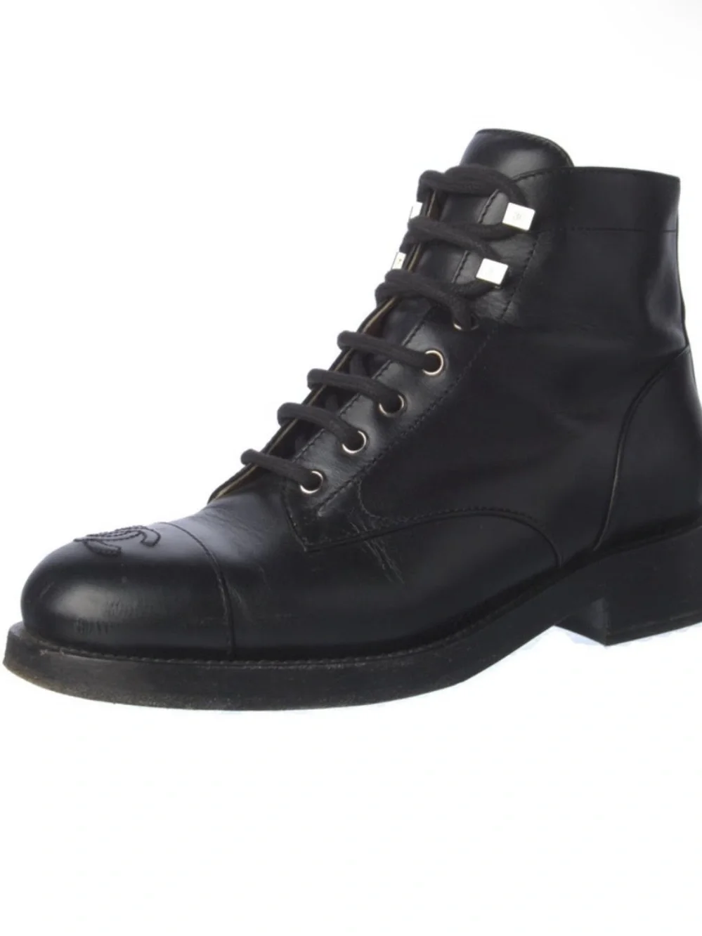 CHANEL Black Leather Lace-Up Combat Boots